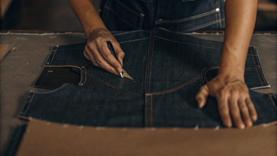 Making a Denim Vest from a Pair of Jeans A person using a template to draw and cut armholes into the side of the top part of a pair of jeans