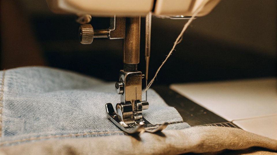Mini sewing machine failing to sew denim A close-up of a mini sewing machine's needle struggling to pierce two layers of denim