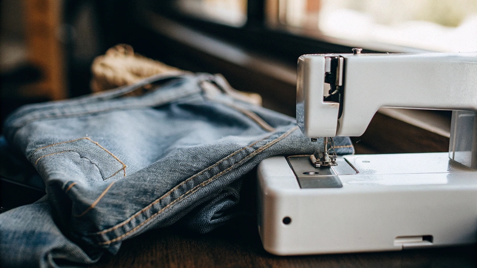 Mini sewing machine and denim A small, portable sewing machine next to a thick piece of denim fabric
