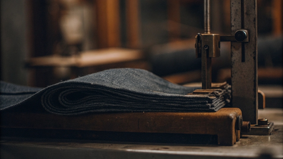 A piece of raw denim being weighed on a factory scale showing its ounce weight