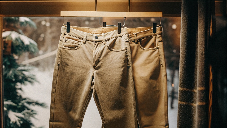 Wool Blend Jeans for Winter A pair of stylish wool-blend jeans hanging in a winter-themed retail display