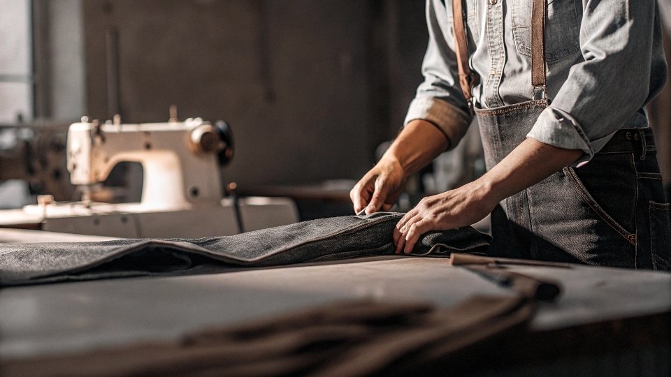A tailor at a specialized shop working on a pair of jeans with heavy-duty sewing machines in the background