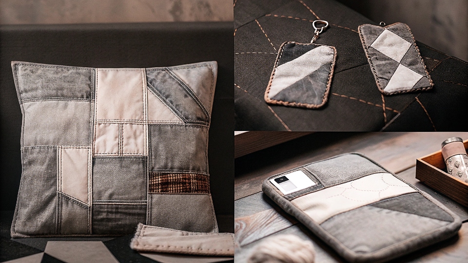A collage of various DIY items made from denim scraps, like coasters, a phone case, and patches