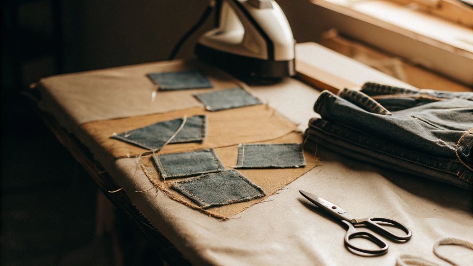 Making an Iron-On Patch from Old Jeans DIY iron-on denim patch being made with scissors and adhesive