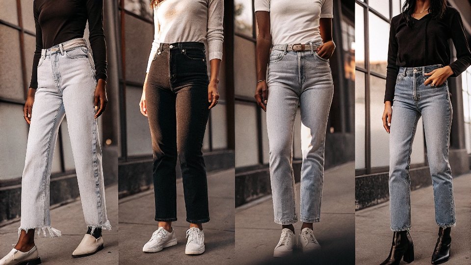 A variety of American Eagle jean styles on different models showing different fits