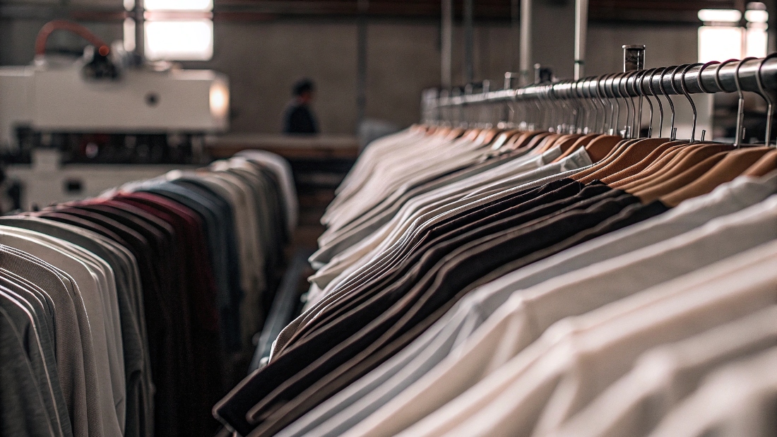 A rack of newly stitched basic t-shirts ready for quality control