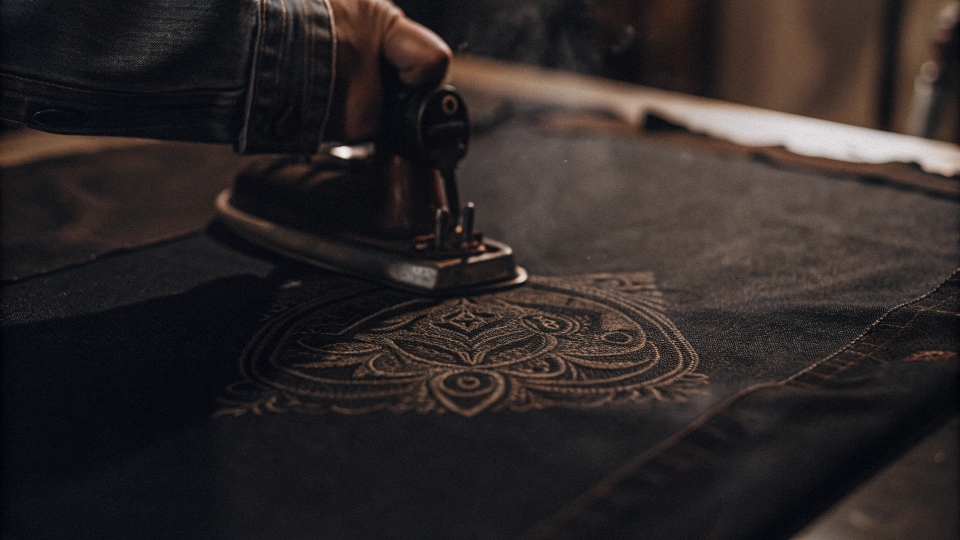 Applying an Embroidered Patch to Denim An intricate embroidered patch being ironed onto a denim jacket using a press cloth
