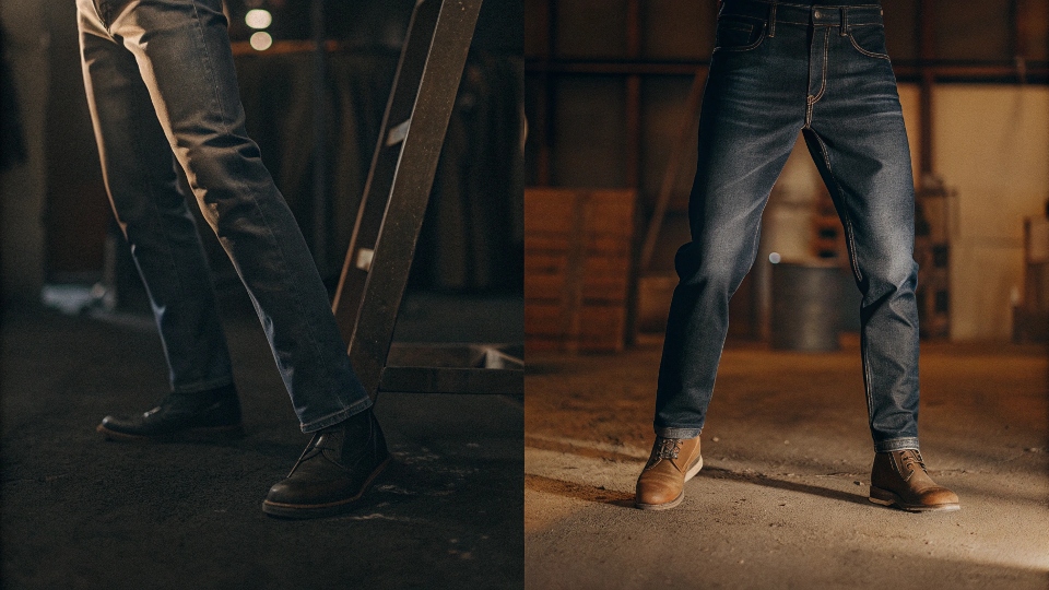 A split image: a rugged, faded pair of 100% cotton jeans on the left, and a man moving comfortably in sleek stretch jeans on the right