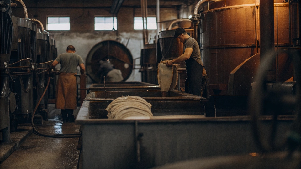 A panoramic view of a denim laundry, showing large washing machines and the skilled workers operating them