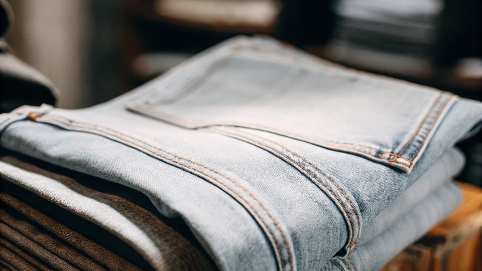 A close-up shot of classic blue denim fabric showing its twill weave