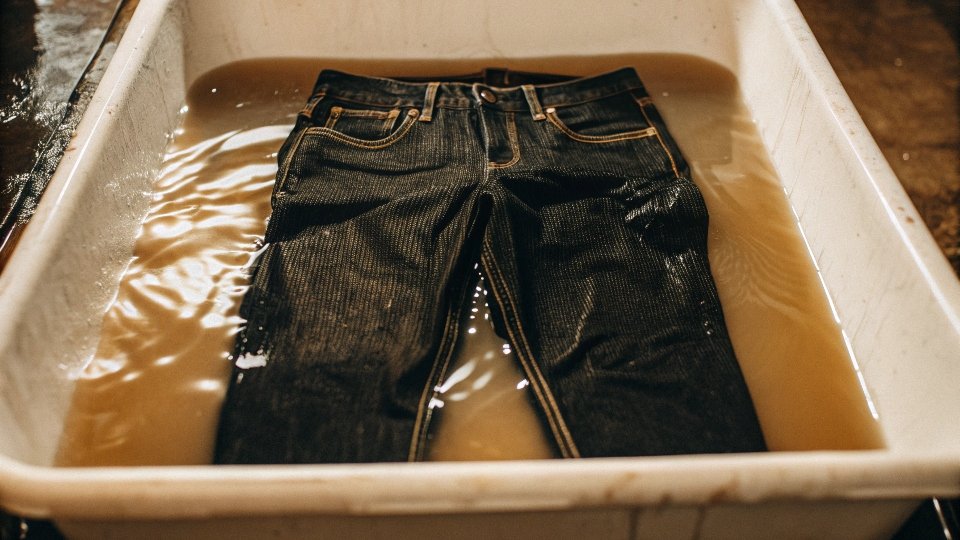 A pair of jeans soaking in a dark brown coffee solution in a white basin