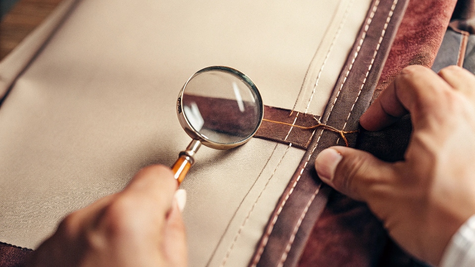 A person closely inspecting the fabric and stitching of a garment sample