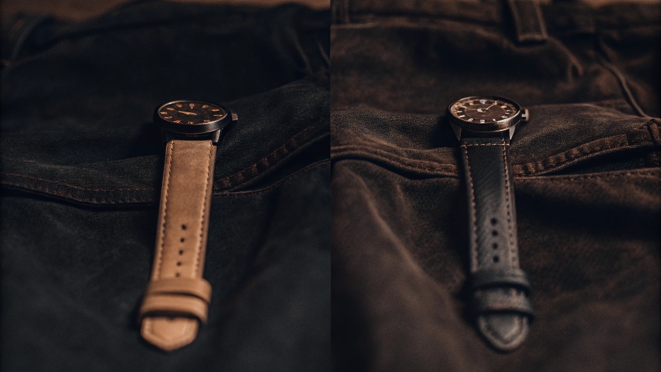 A swatch of stiff raw denim next to a soft, finished cotton fabric