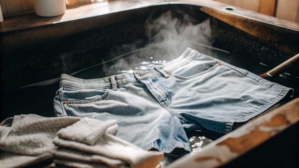 A pair of jean shorts soaking in a basin of hot water