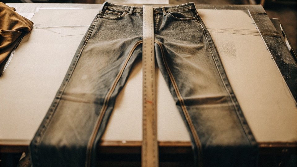 Jeans laid flat on a table with a ruler and chalk line drawn across the legs for cutting