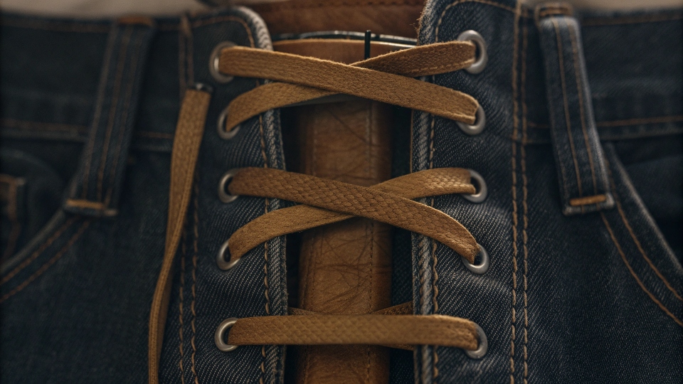 A close-up of a shoelace threaded through the back three belt loops of jean shorts and tied tightly