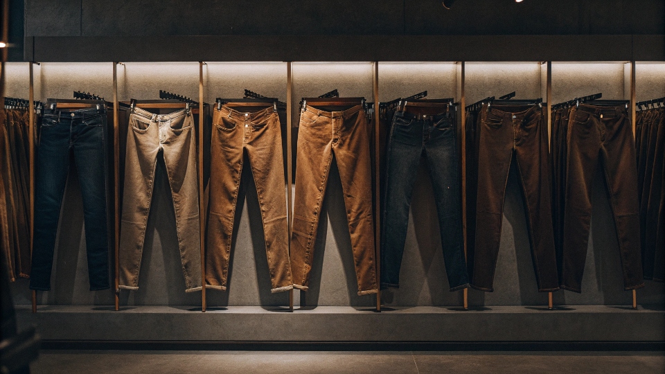 A curated rack of high-quality denim jeans in a modern showroom