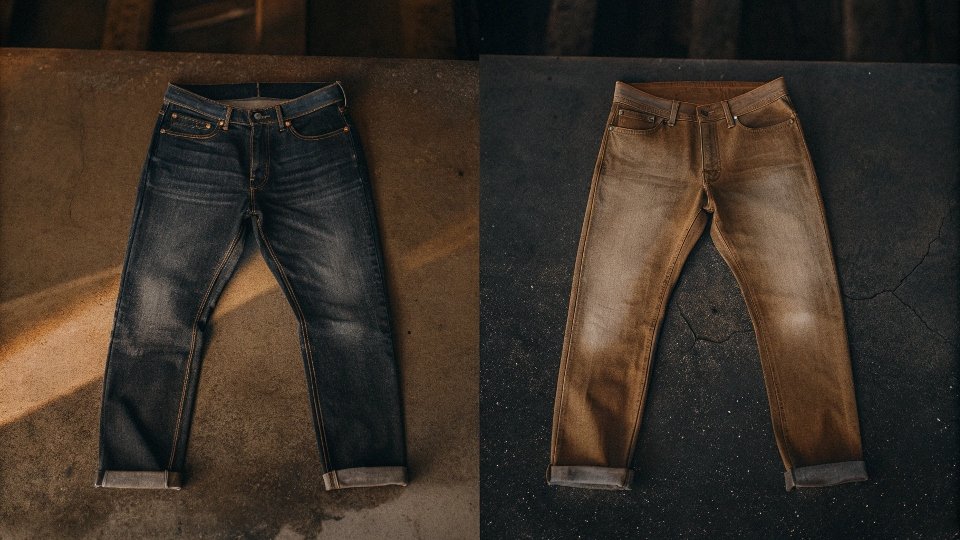 A split image comparing standard pre-washed jeans to raw denim with distinct fade patterns