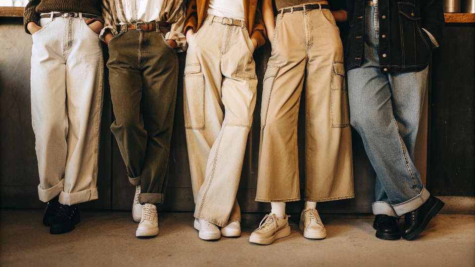 Popular Jean Styles Worn by Gen Z A group of friends with diverse styles, all wearing different types of loose-fitting jeans