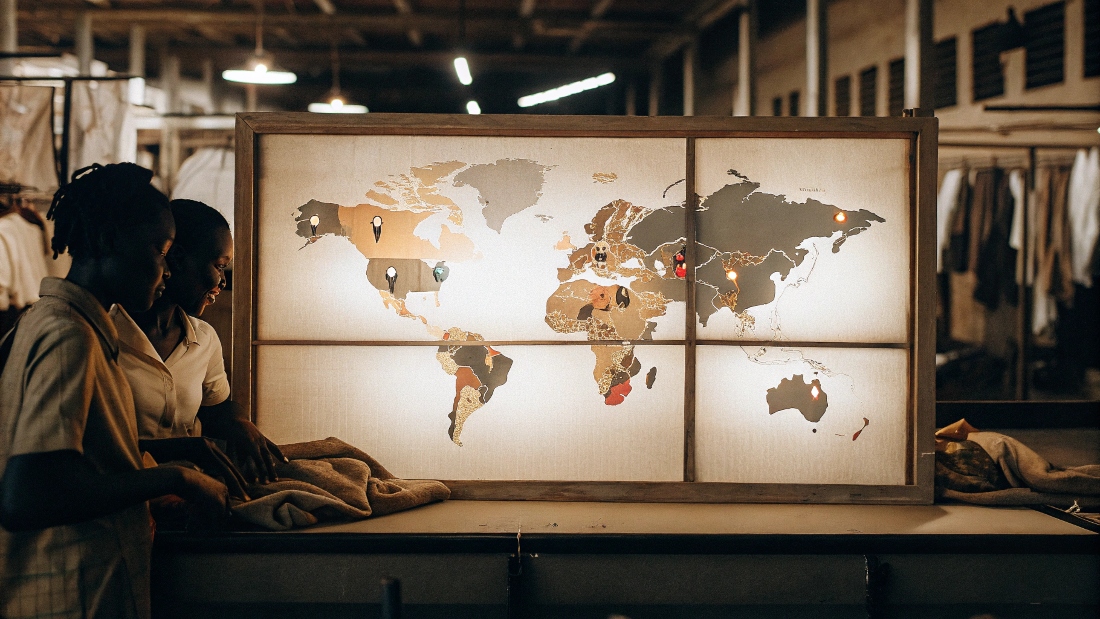 A world map with animated infographics showing clothing production hotspots
