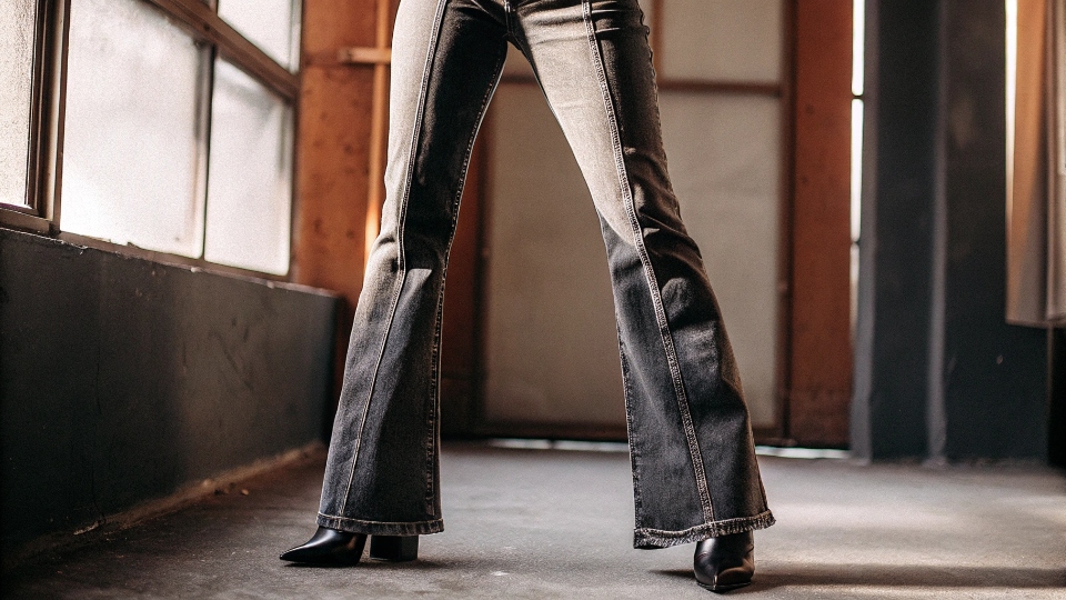 Jeans Styles that Make Your Legs Look Longer A person wearing high-waisted, full-length flare jeans with heels, creating a very long leg line