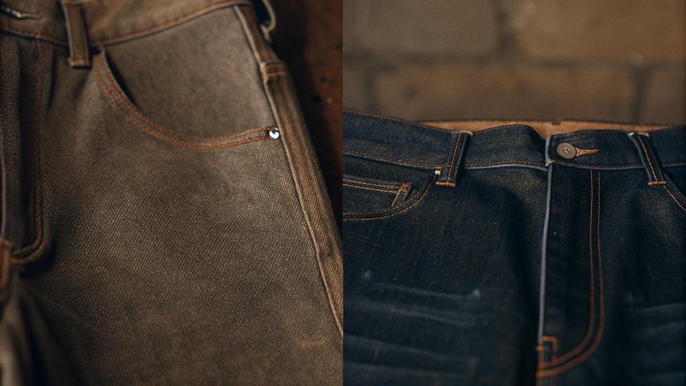 A side-by-side comparison of thick, authentic denim fabric and a thin, flimsy, jean-like material