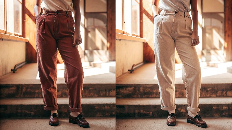 A before and after shot of jeans, one side baggy and the other perfectly tailored