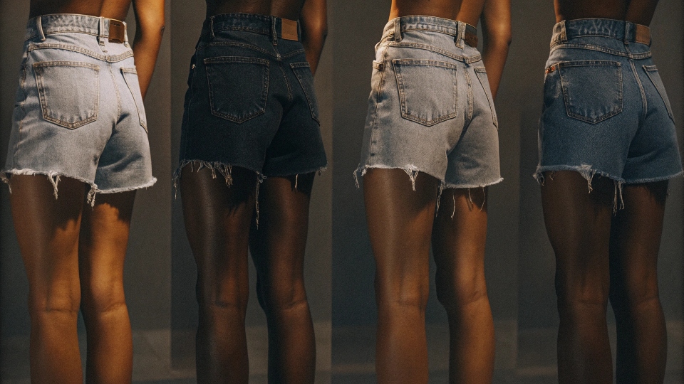 A collection of different styles of cut-off jean shorts, also known as jorts