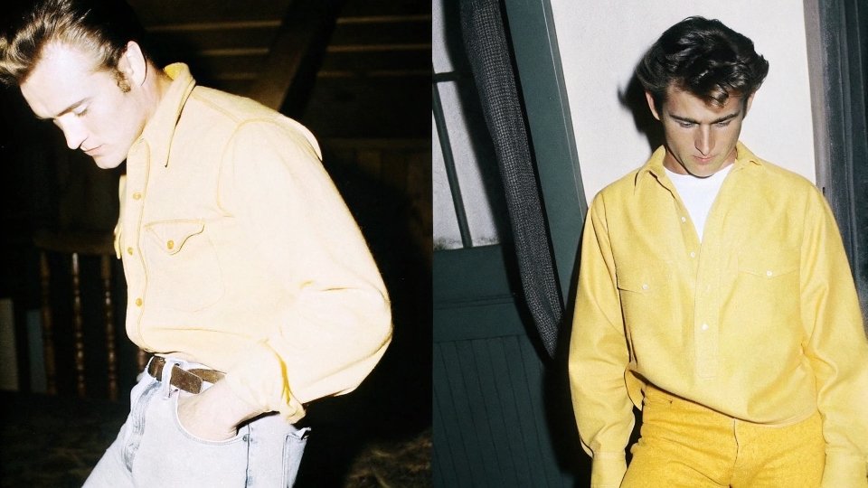 A classic black and white photo collage of Marlon Brando and James Dean in denim