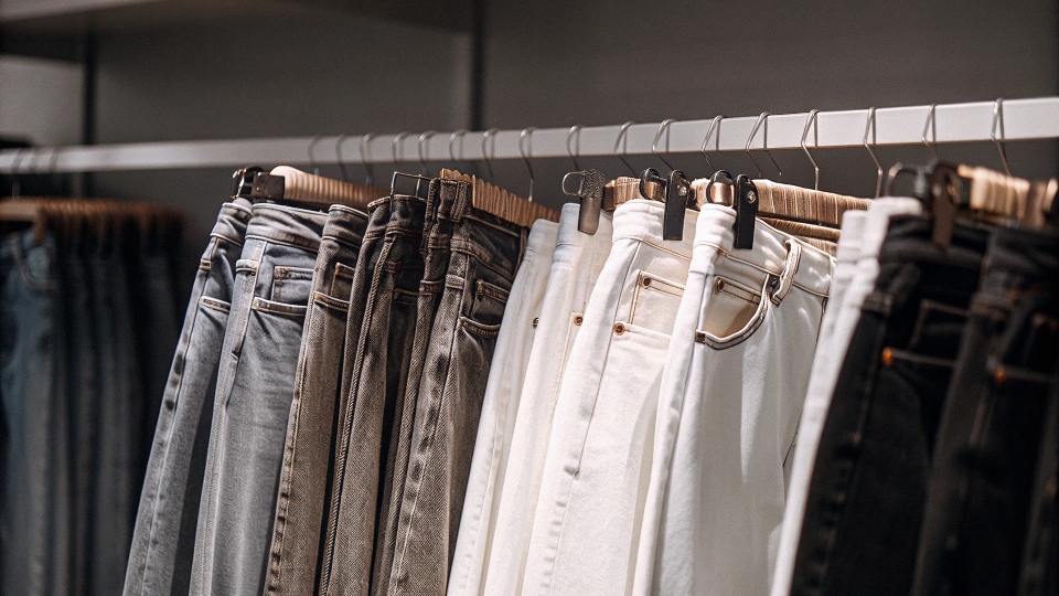 Modern selection of jeans in a store A store rack filled with high-waisted and mid-rise jeans, with few low-rise options
