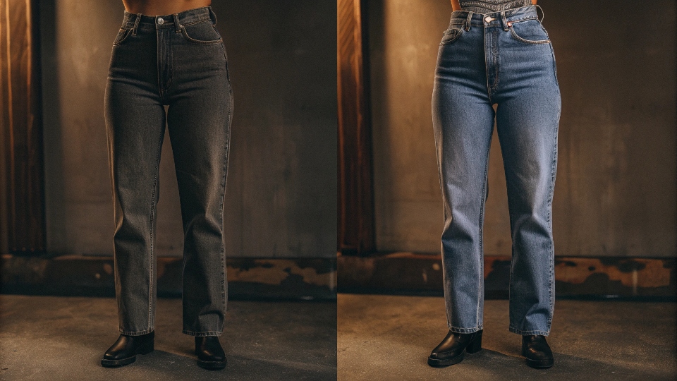 A modern high-waisted jean next to a Y2K-style low-rise jean