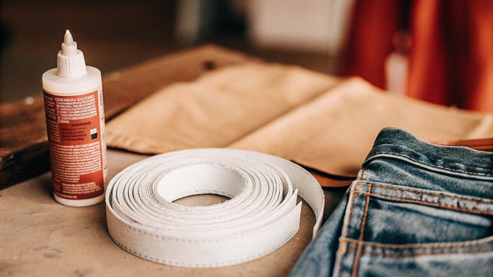 A bottle of fabric glue and a roll of fusible hem tape next to denim fabric