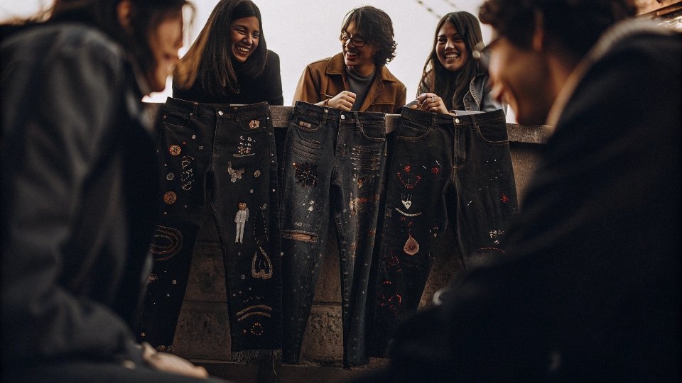 A group of friends having fun together while painting their senior jeans