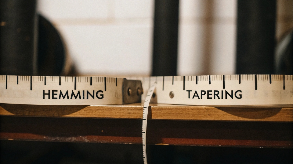 Hemming vs. Tapering Jeans A tailor's measuring tape showing the difference between leg length (hemming) and leg width (tapering)