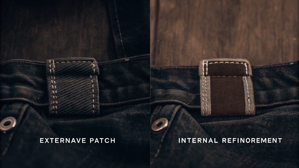 A comparison showing an external [decorative patch](https://diznewjeans.com/custom-jeans-accessories/)[^3] and an internal reinforcement patch on jeans
