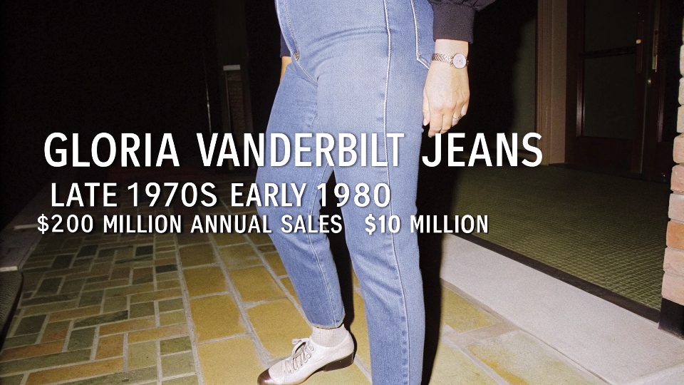 An infographic or chart showing the rapid financial growth of the Gloria Vanderbilt jeans brand in the late 70s and early 80s