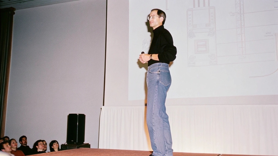 Steve Jobs and his Iconic Jeans A figure stylized to look like Steve Jobs on a presentation stage, wearing jeans and a black shirt