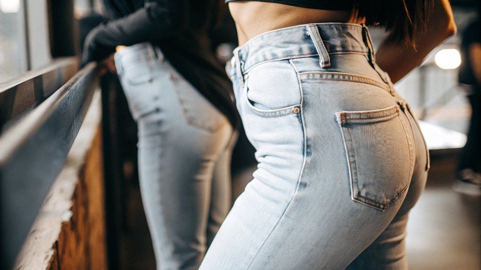 A close-up of perfectly fitted high-waist jeans with no gap at the back