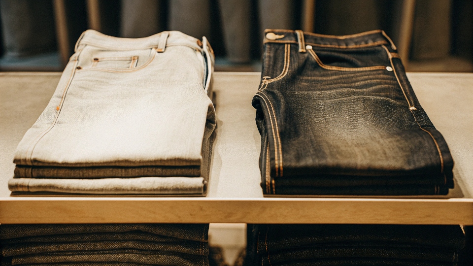 A classic, well-made pair of dark wash straight-leg jeans displayed simply