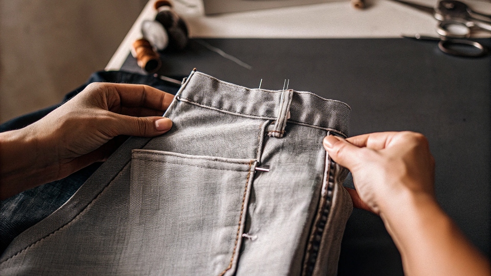 A close-up shot of a tailor's hands pinning the waistband of a pair of jeans