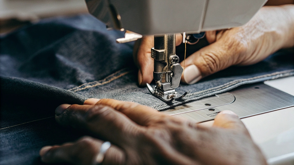A tailor's hands at a sewing machine, specifically showing the process of reattaching the original hem to a pair of jeans