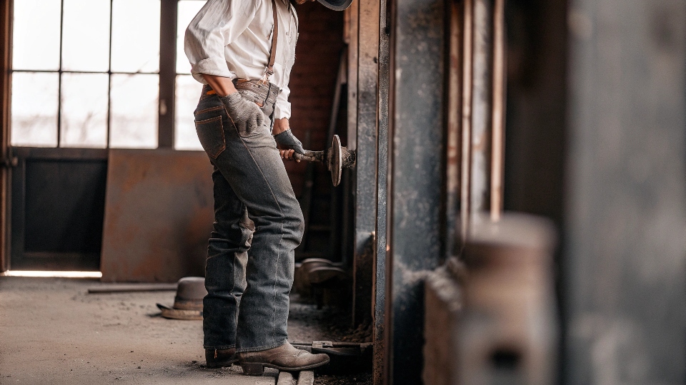 Vintage black and white photos of workers and cowboys wearing early jeans