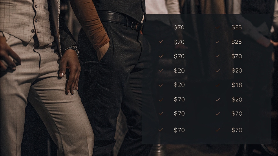 A price list for tailoring services, showing different costs for different alterations