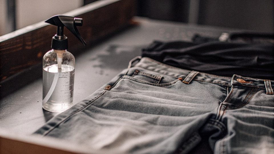 Using Water to Loosen Jeans A spray bottle filled with water next to a pair of jeans, ready for stretching