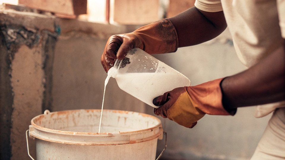A person wearing nitrile gloves and carefully pouring bleach into a bucket of water