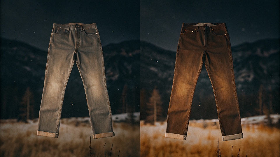 Two pairs of jeans, one light wash and lightweight, the other dark wash and heavyweight, against a split summer/winter background