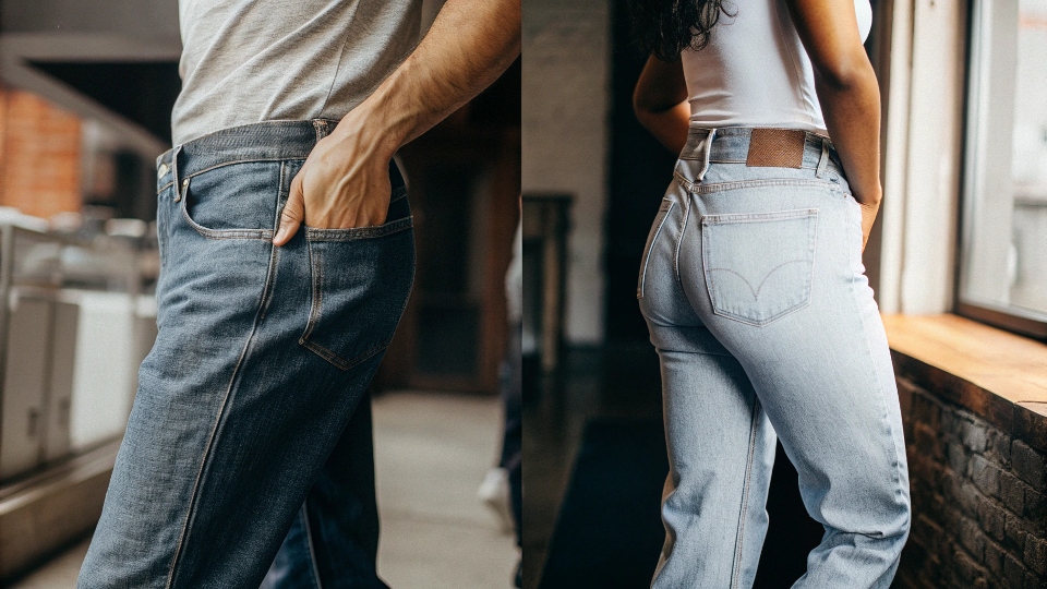 A split image showing the technical pattern for a man's jean on one side and a woman's on the other