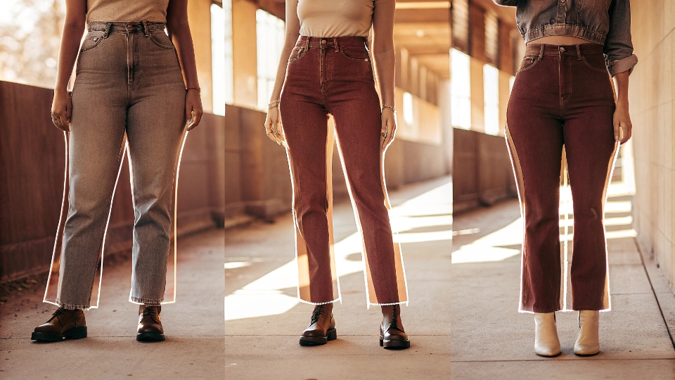A simple diagram comparing the silhouette of skinny, straight, and wide-leg jeans