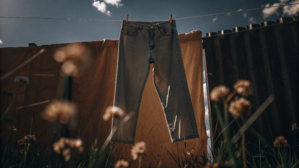 A pair of jeans hanging on a clothesline outdoors on a sunny day