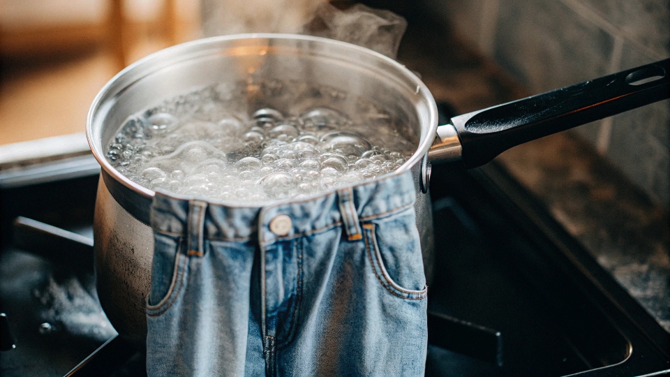 A pot of boiling water on a stove with the waistband of a pair of jeans dipped into it